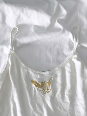 Brandy Melville White Spaghetti Strap Crop Top with Gold Angel Embroidery